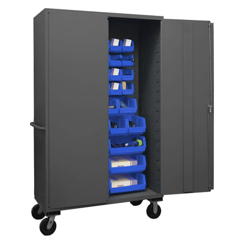 Oakestry 48 x 24 x 81 Commercial Mobile Steel Storage Cabinet 14 Gauge with 42 Blue Bins Flush Locking Doors Phenolic Casters Gray