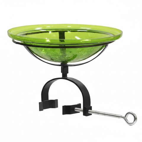 Oakestry 12" Crackle Glass Birdbath with Over Railing Bracket, Clamp-On Balcony Bird Bath, Decorative Blown Glass Bowl for Deck, Patio & Outdoor Garden