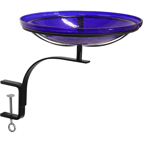 Oakestry 14" Cobalt Blue Crackle Glass Birdbath with Rail Mount Clamp Bracket, No-Drill Outdoor Bird Bath for Balcony, Deck Railing, Porch