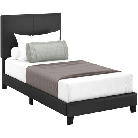 Oakestry Pessac Upholstered Bed Frame, Twin, Black PU Leather – Modern Platform Bed with Foam-Filled Headboard, Easy Assembly, Durable & Stylish