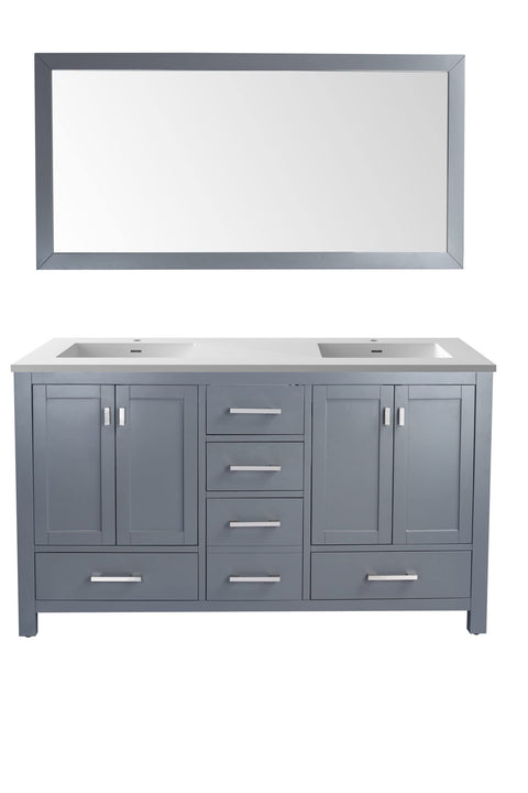 Oakestry Wilson 60" Double Bathroom Vanity, Grey Solid Oak Shaker Cabinet with Solid Surface Countertop, Integrated Matte White Sinks, Soft Close Doors & Dovetail Drawers, 4 Built-in Outlets