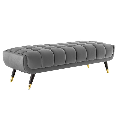 Oakestry Adept 60" Performance Velvet Bench, Mid-Century Modern Upholstered Accent Bench with Birchwood Frame and Gold Metal Accents, Gray