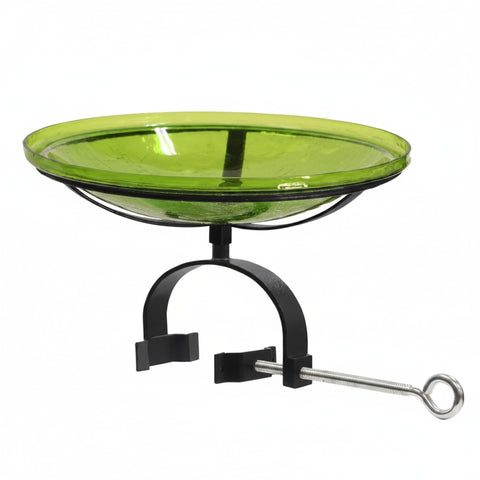 Oakestry 14" Fern Green Crackle Glass Birdbath with Over Rail Clamp Bracket, No-Drill Outdoor Bird Bath for Balcony, Deck Railing, Porch