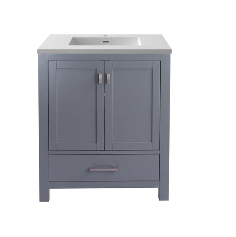 Oakestry Wilson 36" Bathroom Vanity with Integrated Sink, Solid Oak Wood Cabinet, Matte White Solid Surface Countertop, Soft-Close Doors, 4 Built-in Outlets, Pre-Assembled