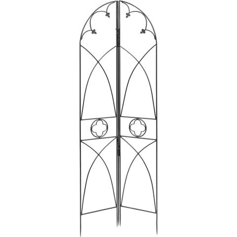 Quatrefoil Wrought Iron Garden Trellis, 75 Inch Tall Decorative Three-Sided Plant Support with Gothic Arches, Graphite Powder Coated