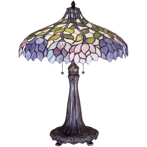 Oakestry 26" Wisteria Table Lamp, China Pink, Grape & Amethyst Blue Stained Glass, Mahogany Bronze Base