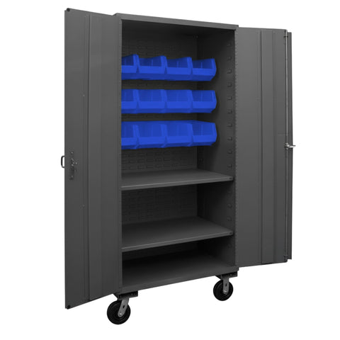 Oakestry Mobile Cabinet 36 x 24 x 81 in 16 Gauge Steel 2 Shelves 12 Blue Bins Flush Doors Casters Lockable Chrome Handle Gray Storage Cabinet