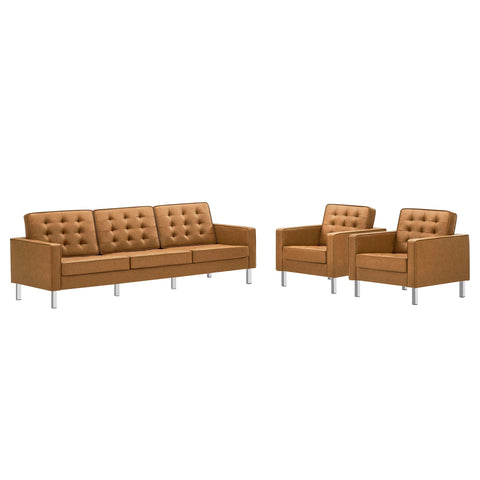 Oakestry Luxury Inspired Loft 3 Piece Tufted Upholstered Faux Leather Set Comfortable Indoor Furniture for Living Room Apartment Lounge Reception Area Premium Lounge Styling