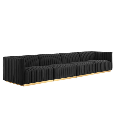 Oakestry Luxury Inspired Conjure Channel Tufted Performance Velvet 4-Piece Sofa Comfortable Indoor Sofa for Living Room Apartment Lounge Reception Area Premium Everyday Styling