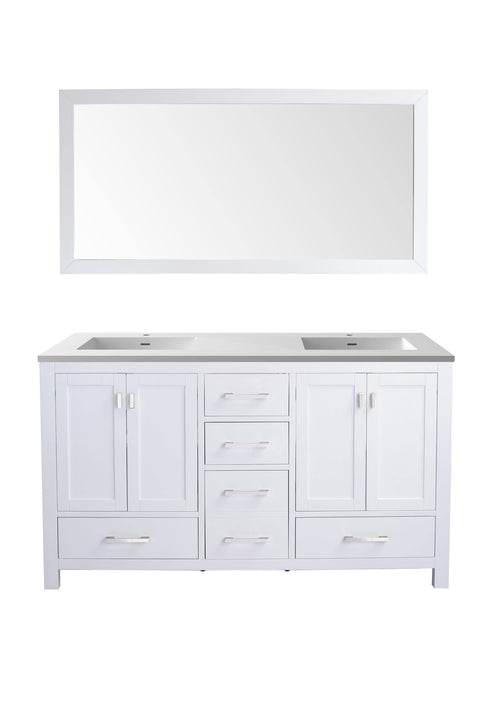 Oakestry Wilson Bathroom Vanity with Solid Surface Countertop, Integrated Sink, Solid Oak Wood Cabinet, Soft Close Doors & Drawers, 4 Built-in Outlets, White