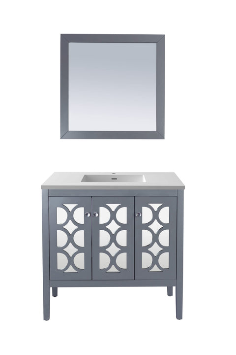 Oakestry Mediterraneo 36 Inch Grey Bathroom Vanity Matte White Viva Stone Solid Surface Countertop Modern Single Sink Freestanding Storage Soft Close Doors Luxury Washroom Cabinet