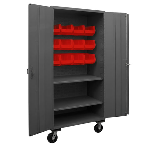 Oakestry Mobile Cabinet 36 x 24 x 81 in 16 Gauge Steel 2 Shelves 12 Red Bins Flush Doors Casters Lockable Chrome Handle Gray Storage Cabinet