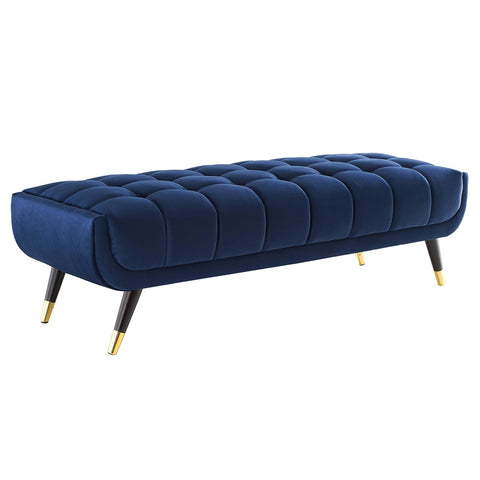 Oakestry Adept 60" Performance Velvet Bench, Mid-Century Modern Upholstered Accent Bench with Birchwood Frame and Gold Metal Accents, Midnight Blue