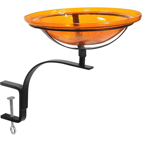 Oakestry 12" Mandarin Orange Crackle Glass Birdbath with Rail Mount Clamp Bracket, No-Drill Outdoor Bird Bath for Balcony, Deck Railing, Porch
