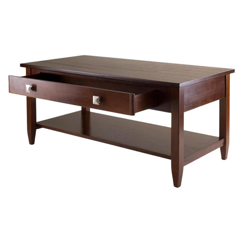 Richmond Coffee Table with Large Drawer & Shelf, Solid/Composite Wood, Antique Walnut Finish, Modern Living Room Center Table