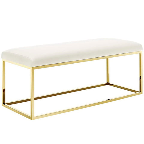 Oakestry Anticipate Fabric Bench, Ivory Gold Modern Upholstered Accent Bench with Stainless Steel Base for Bedroom, Entryway & Living Room