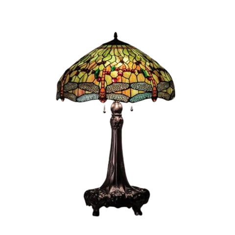Oakestry 31" Tiffany Dragonfly Table Lamp, Orange & Green Stained Glass Shade with Red Jewel Accents, Mahogany Bronze Base, Vintage Lighting