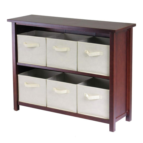 Oakestry Verona 2 Section Storage Shelf with 6 Foldable Beige Fabric Baskets Compact Wood Organizer for Bedroom Living Room Entryway Closet Home Storage Unit
