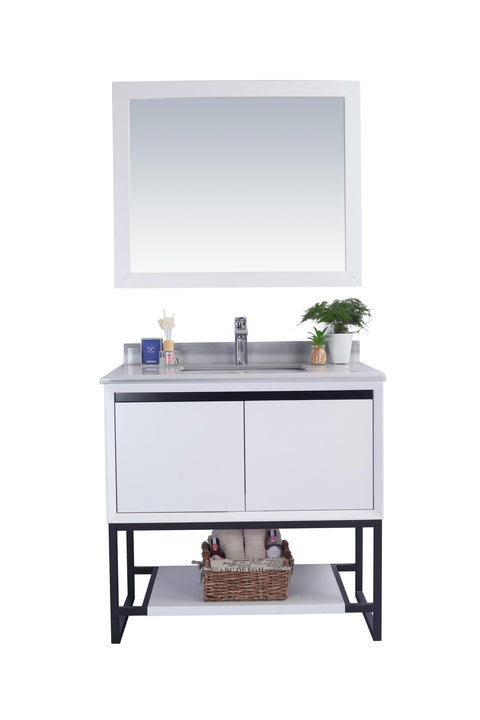 Oakestry Alto 36 Inch White Bathroom Vanity White Stripes Marble Countertop Modern Single Sink Freestanding Storage Soft Close Doors Washroom Cabinet