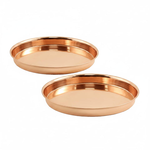 Oakestry 8" Round Copper Tray Set of 2, Metal Plant Saucer & Serving Trays, Stainless Steel Copper-Plated Decorative Trays for Plants & Centerpieces