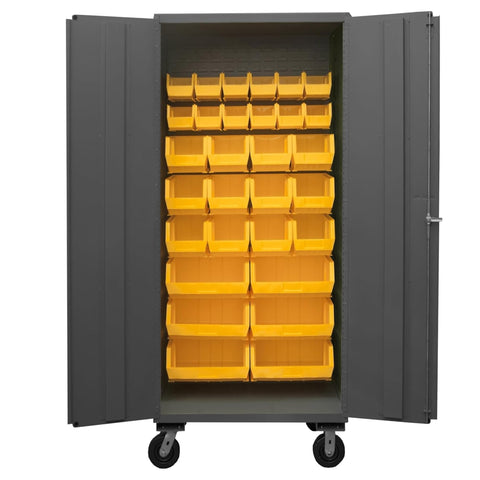 Oakestry Mobile Cabinet 36 x 24 x 81 in 16 Gauge Steel 30 Yellow Bins Flush Doors Casters Lockable Chrome Handle Gray Storage Cabinet