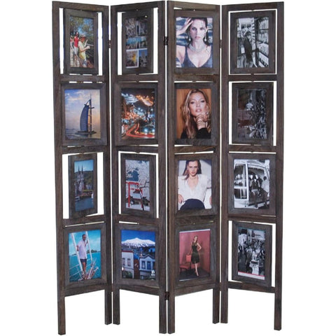 Oakestry Oscar II Scenic 4 Panel Folding Screen Room Divider with 16 Picture Frames to Display 32 Pictures, Paulownia Wood, Smoked Brown Finish, 54" W X 1" D X 67" H Max Extends