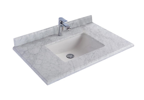 Oakestry Thirty-Six Inch White Carrara Quartz Countertop with Integrated Rectangular Sink and Single Hole Faucet Prep