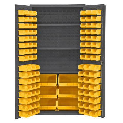 Oakestry 16 Gauge Steel Bin & Shelf Cabinet 36” x 24” x 72”, 3 Adjustable Shelves, 102 Yellow Bins, Flush Louvered Lockable Doors, Blue