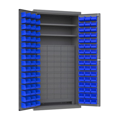Oakestry Heavy Duty Cabinet 14 Gauge 2 Adjustable Shelves 96 Yellow Bins 60 Drawers Flush Doors with Louvered Panel Lockable Chrome Handle with Keys (Grey, Blue)