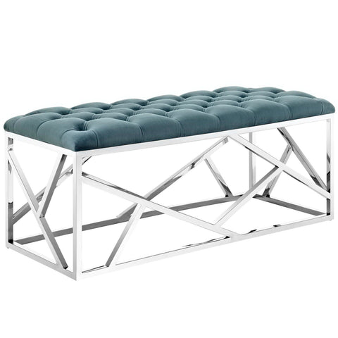 Oakestry Intersperse Velvet Upholstered Bench, Modern Tufted Accent Bench with Silver Stainless Steel Base for Bedroom and Living Room, Sea Blue
