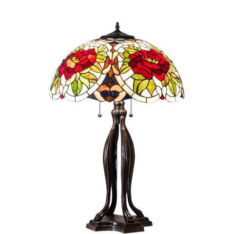 Oakestry 30" Renaissance Rose Table Lamp, Deep Red & Lavender Stained Glass, Mahogany Bronze Base