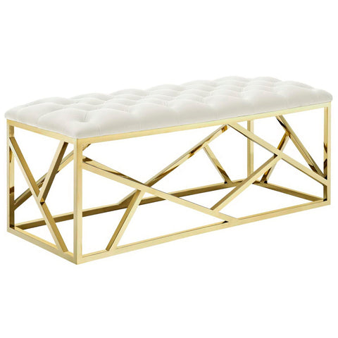 Oakestry Intersperse Velvet Upholstered Bench, Modern Tufted Accent Bench with Gold Stainless Steel Base for Bedroom and Living Room, Gold Ivory