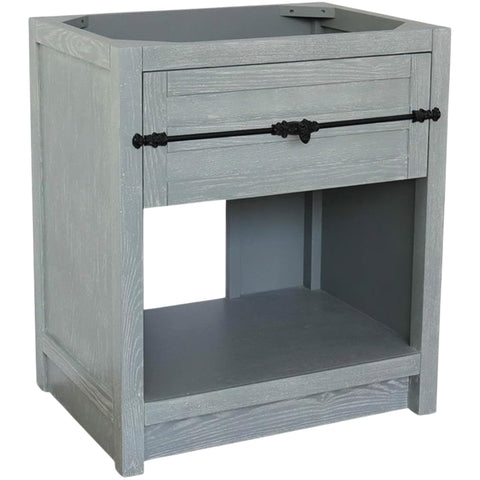Oakestry 30" Bathroom Vanity Cabinet Only, Solid Wood Gray Ash Finish, Freestanding Vanity Base with Open Shelf, Wrought Iron Hardware, No Top Included