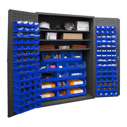 Oakestry Cabinet 16 Gauge 48 x 24 x 72 3 Adjustable Shelves 138 Blue Bins Flush Doors with Louvered Panel Lockable Chrome Handle with Keys Gray