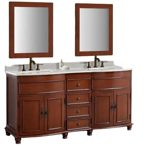 Oakestry 62" Double Sink Bathroom Vanity Cabinet, Walnut Finish with Cream Marble Top, Freestanding Solid Birch Wood, Oval Undermount Sinks, Antique Brass Hardware