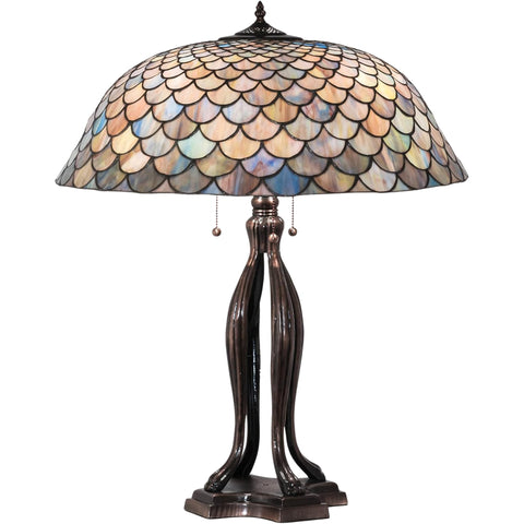 Oakestry 30" Tiffany Fishscale Table Lamp, Honey Dripped Emerald, Sapphire & Garnet Stained Glass with Mahogany Bronze Base