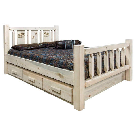 Homestead Collection California King Storage Bed w/ Laser Engraved Moose Design, Clear Lacquer Finish
