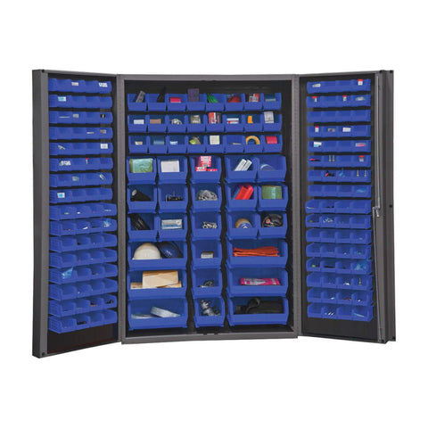 Oakestry Heavy Duty Cabinet 14 Gauge 176 Bins 4 Inch Deep Box Doors with Louvered Panel Lockable Chrome Handle with Keys (Grey, Blue)