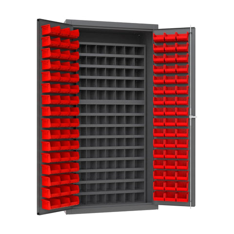 Oakestry Heavy Duty Cabinet 14 Gauge 36 x 24 x 72 96 Red Bins 112 Steel Bins Flush Doors with Louvered Panel Lockable Chrome Handle with Keys Gray