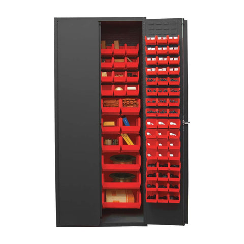 Oakestry Cabinet 16 Gauge 36 x 24 x 84 138 Red Bins Flush Doors with Louvered Panel Lockable Chrome Handle with Keys Gray