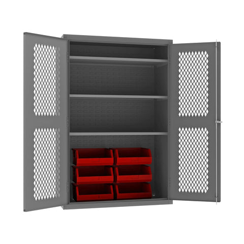 Oakestry Heavy Duty Cabinet 14 Gauge 48 x 24 x 72 3 Adjustable Shelves 6 Red Bins Flush Ventilated Doors Lockable Chrome Handle with Keys Gray