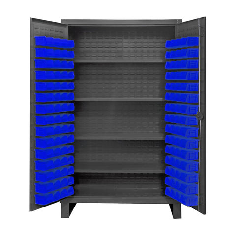 Oakestry Extra Heavy Duty 12-Gauge Steel Storage Cabinet with Adjustable Shelves & Bins, Recessed Locking Louvered Doors, Industrial Garage Office Utility Cupboard Organizer (Grey, Blue)