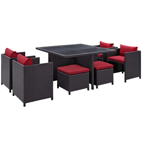 Oakestry Inverse 9 Piece Outdoor Patio Dining Set with Red Cushions and Wicker Seating