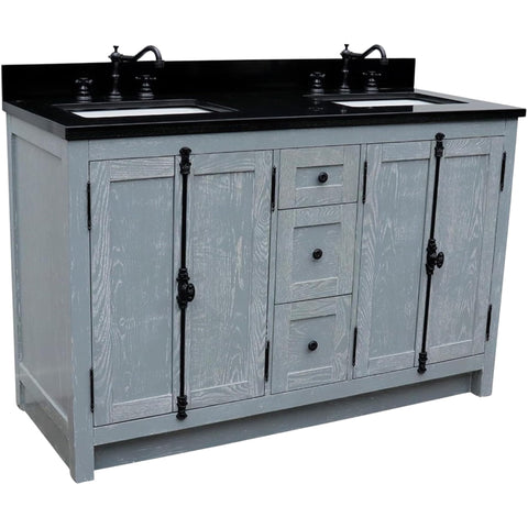 Oakestry 55" Double Sink Bathroom Vanity with Black Galaxy Granite Top, Solid Wood Cabinet, Freestanding, Gray Ash Finish, Rectangle Undermount Sinks