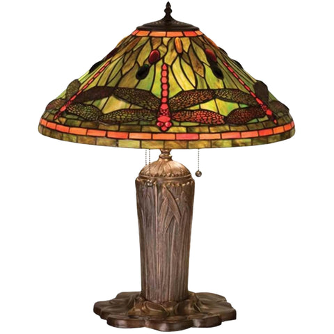 Oakestry 25" Tiffany Dragonfly Table Lamp, Scarlet Jeweled Eyes, Pond Green Stained Glass Shade, Mahogany Bronze Base