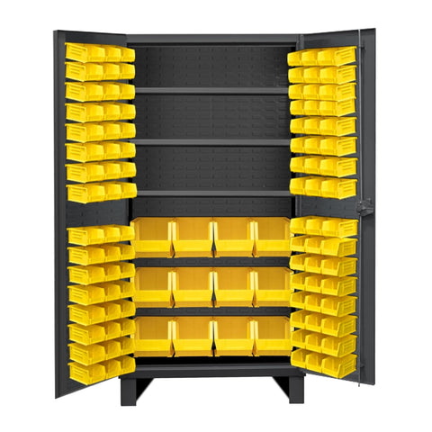 Oakestry Extra Heavy Duty Cabinet 12 Gauge 36 x 24 x 78 3 Adjustable Shelves 108 Yellow Bins Recessed Door with Louvered Panel Cast Iron Pad-Lockable Handle Gray
