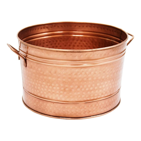 Oakestry Round Hammered Copper Plated Tub Rustic Metal Planter Decorative Beverage Cooler Garden Display Bucket Farmhouse Accent for Patio Deck Yard Events and Home Décor