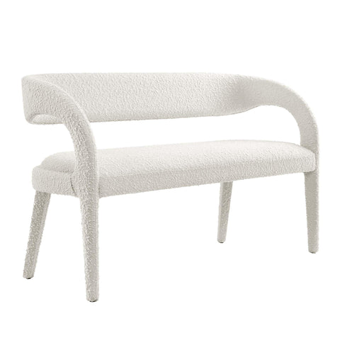 Oakestry Pinnacle Boucle Fabric Accent Bench, Modern Upholstered Dining Bench with Curved Backrest and Open Design, Ivory