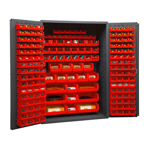 Oakestry Heavy Duty Cabinet 14 Gauge 186 Red Bins Flush Doors with Louvered Panel Lockable Chrome Handle with Keys (Grey, Red)