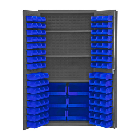 Oakestry Heavy Duty Cabinet 14 Gauge 36 x 24 x 72 3 Adjustable Shelves 102 Blue Bins Flush Doors with Louvered Panel Lockable Chrome Handle with Keys Gray